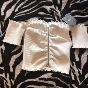 Ivory off the shoulder top, zips up